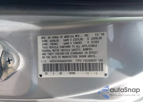2010 Honda Accord 2.4 Lx-S z USA, uszkodzony, nr VIN 1HGCS1B32AA007291